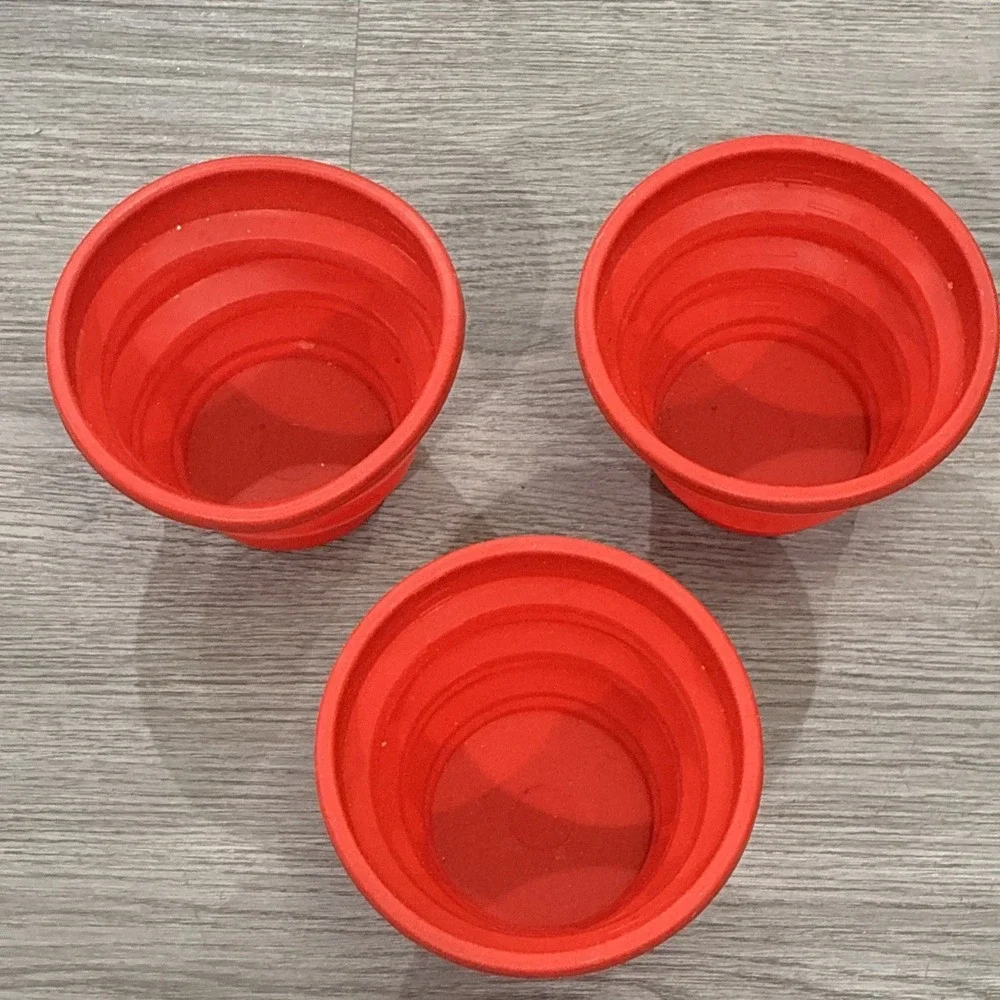 Lot of (3) Red Collapsible Camping or Pet Bowls; China, Needs Wash